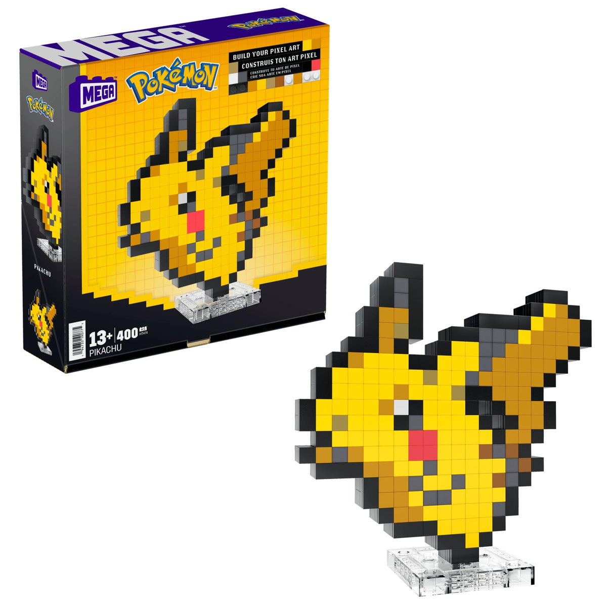 Mega Brands Pikachu construction figure on a desk ready for display.