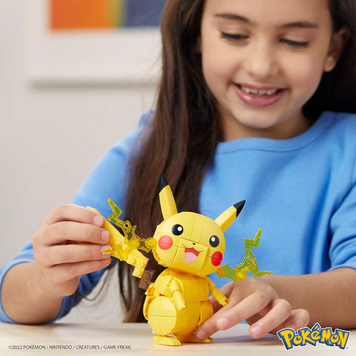 Mega Brands Pikachu cheek electric details add authentic pretend battle cues.