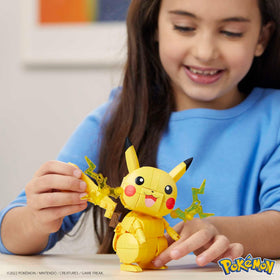 Mega Brands Pikachu cheek electric details add authentic pretend battle cues.