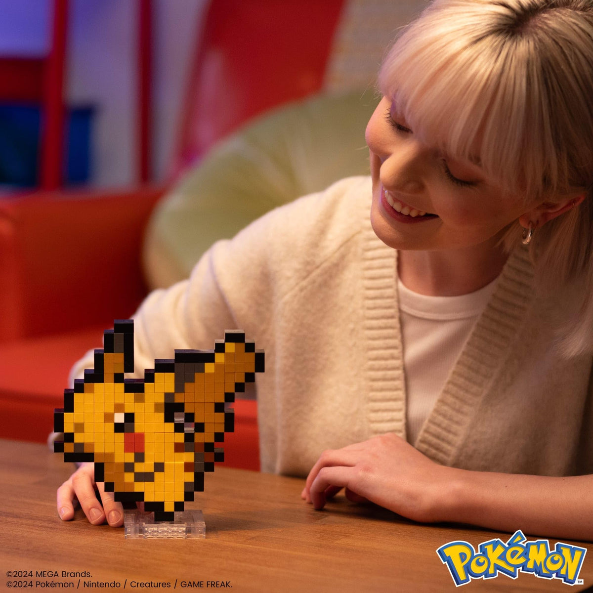 Pikachu pixel-art close-up showing retro brick-built details.