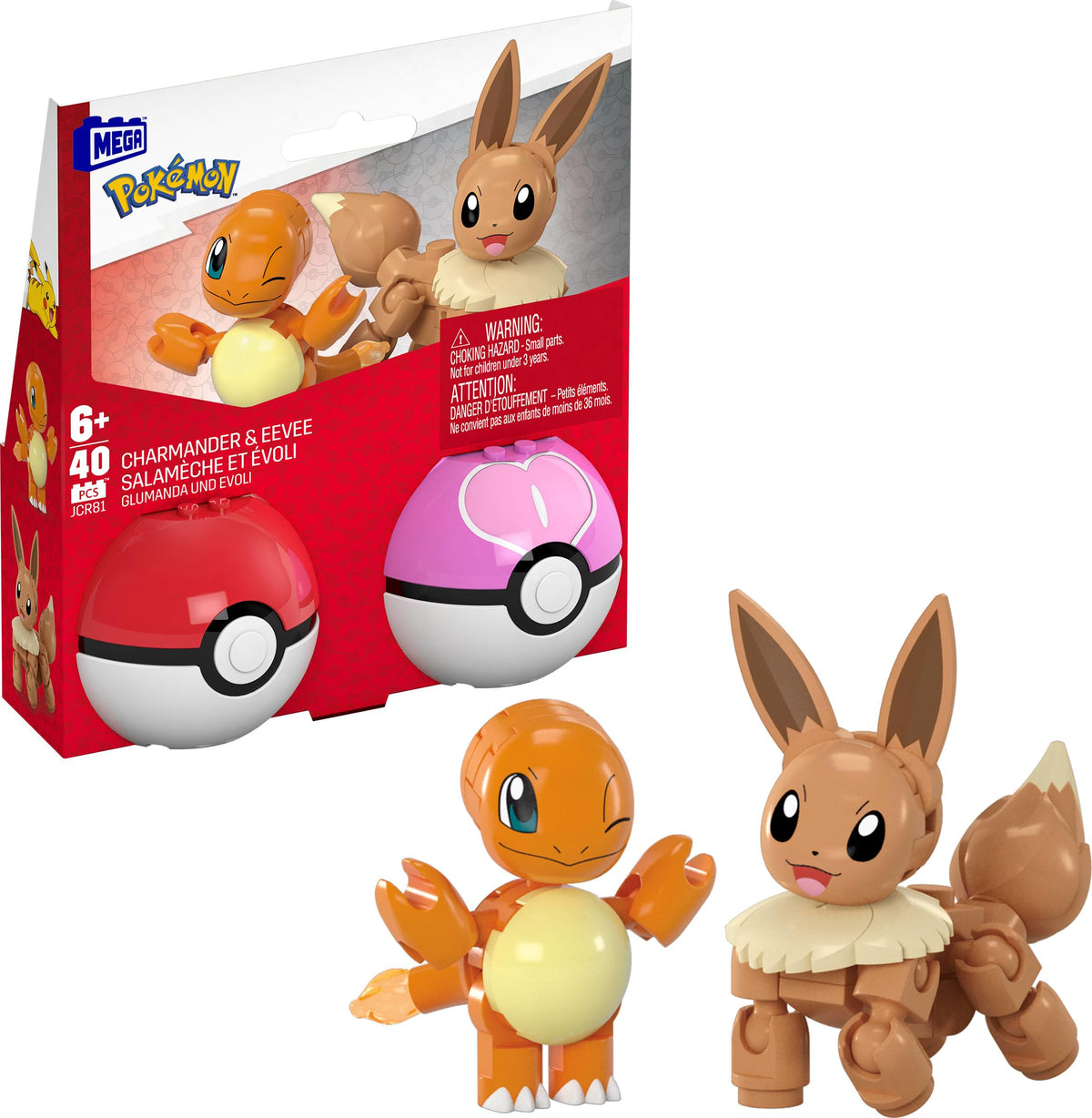 Mega Brands Poké Ball 2-pack opened with Charmander and Eevee figures.