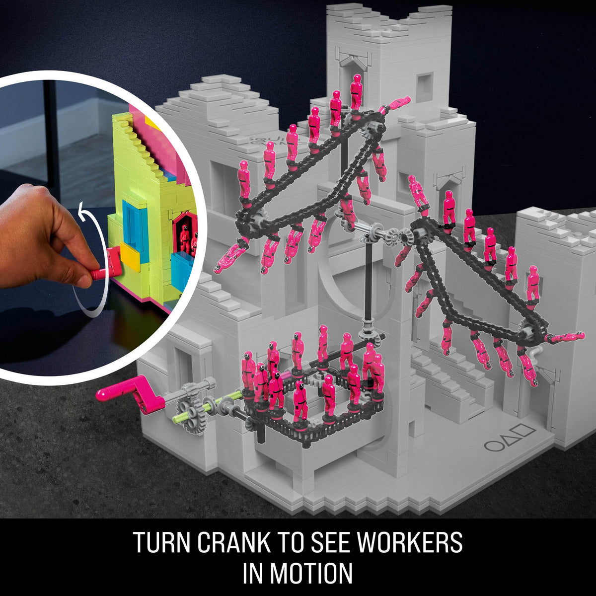 Mega Brands Squid Game pink-suits details highlight vivid color and screen-inspired styling.