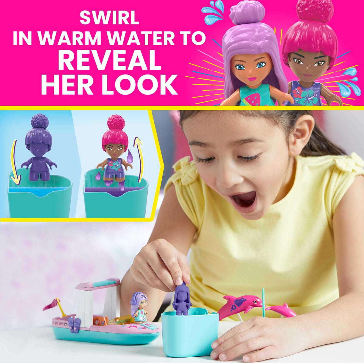 Warm and icy water reveals transform micro-dolls during play.