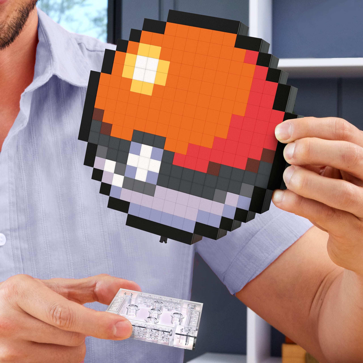Mega Brands poke ball wall display option with retro pixel-art vibe
