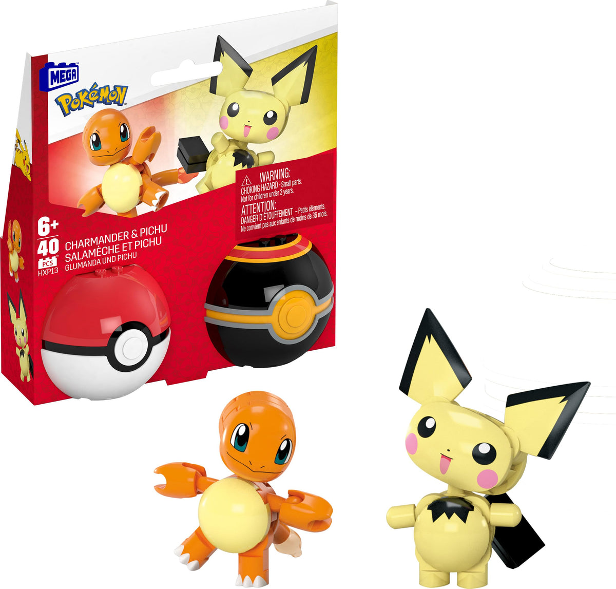 Mega Brands MEGA Pokémon Poké Ball 2-pack with Pichu and Charmander for imaginative play.