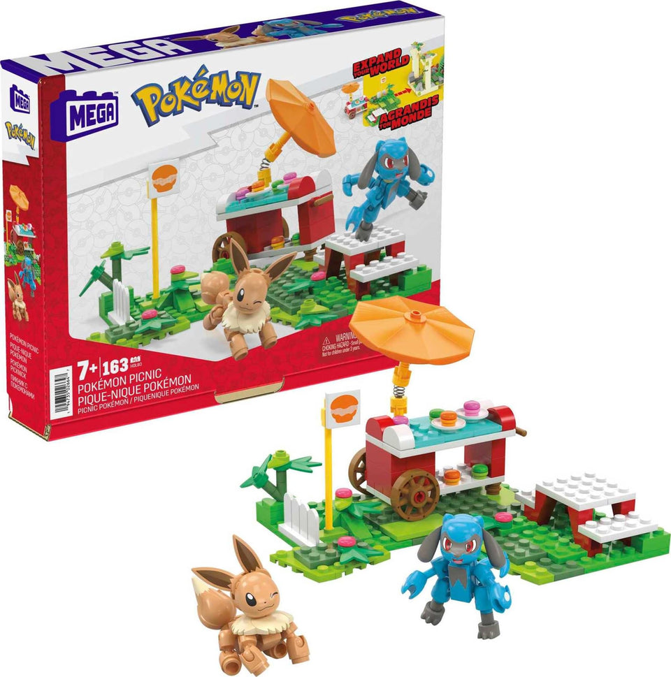 MEGA Pokémon picnic setup with Eevee and Riolu for imaginative play.