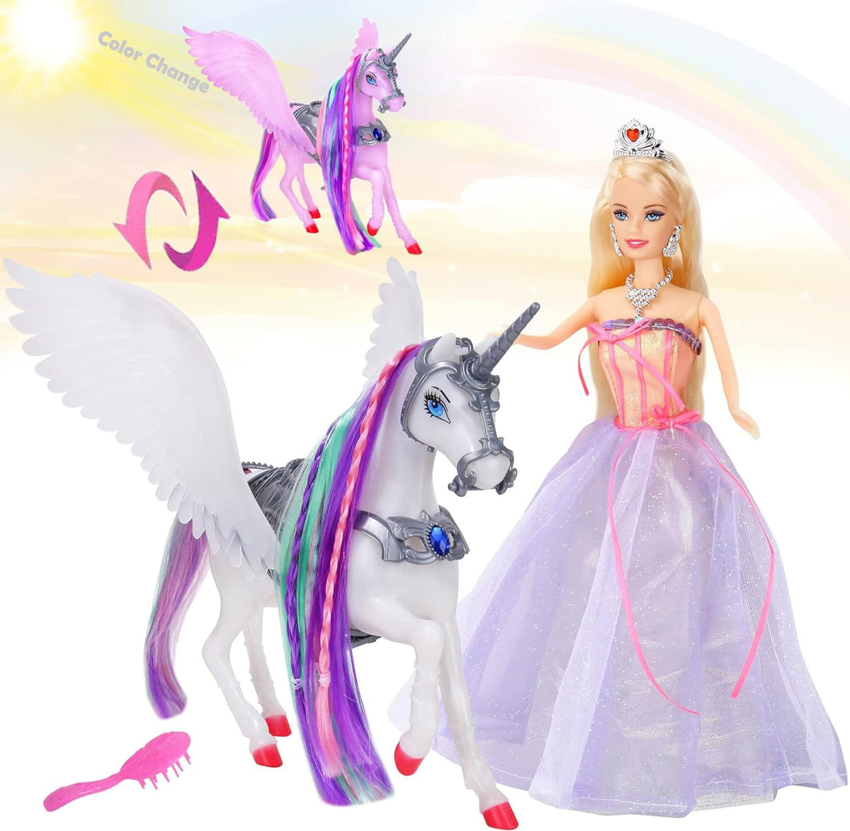 MEGAFUN princess doll in an elegant dress accompanying magical unicorn