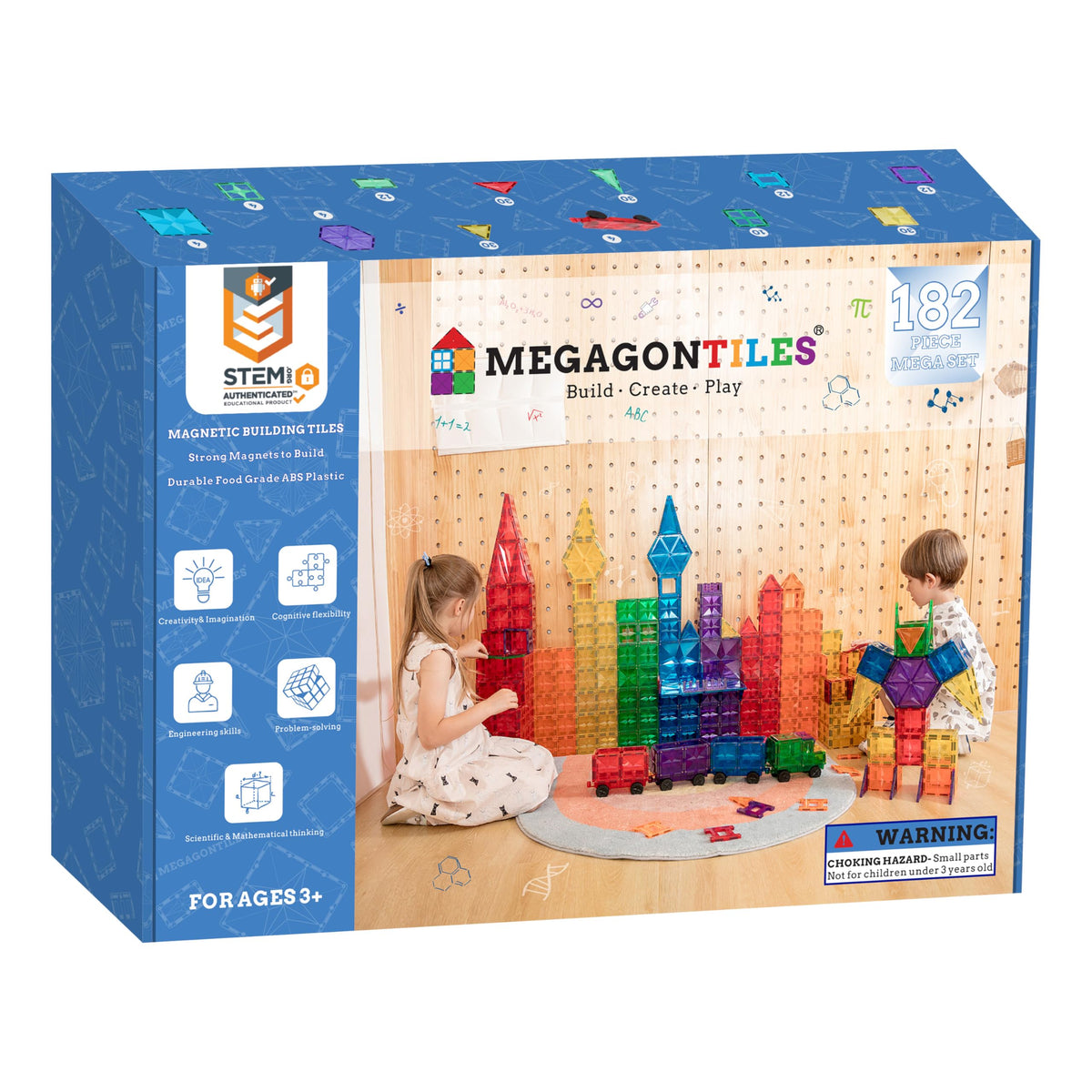 MEGAGONTILES assembly play set shows magnetic tiles for hands-on STEM exploration and creative building.
