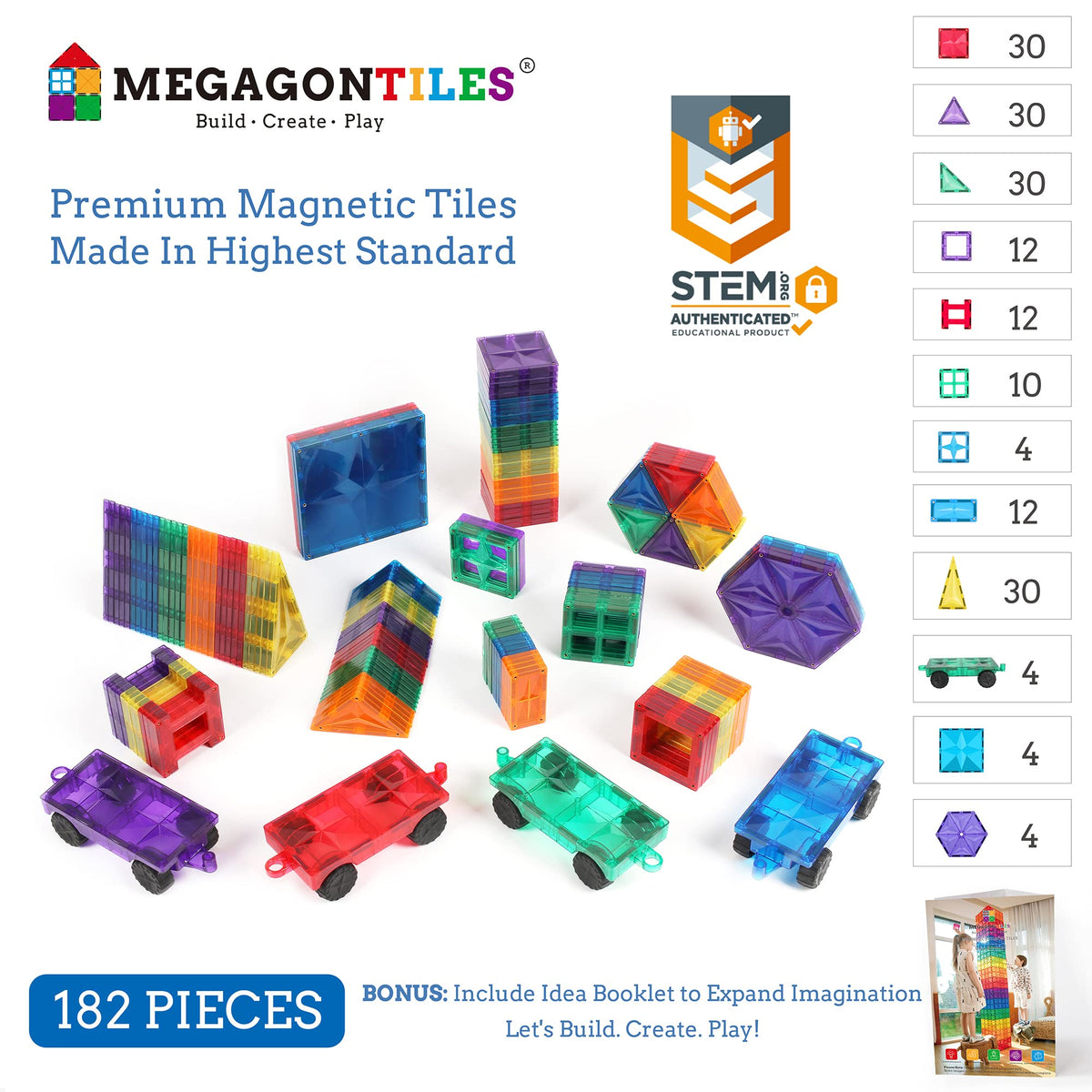 MEGAGONTILES stem-building image highlights magnetic tiles empowering taller, sturdier structures during play.