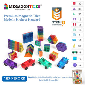 MEGAGONTILES stem-building image highlights magnetic tiles empowering taller, sturdier structures during play.