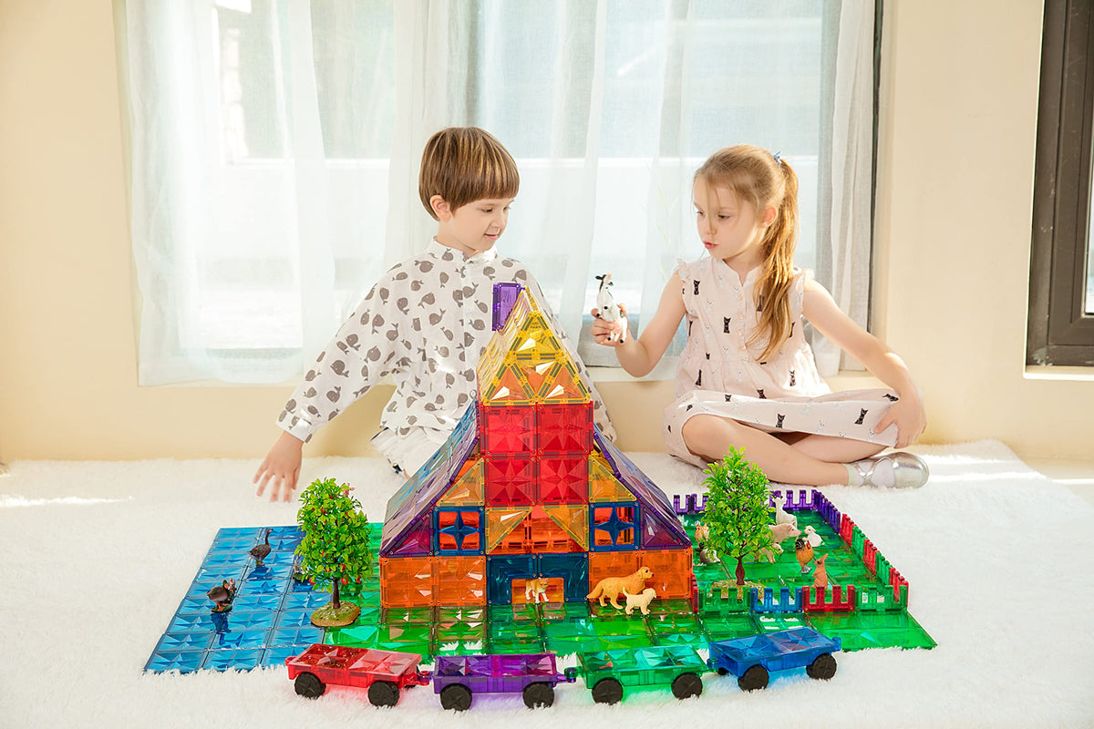 MEGAGONTILES wheel-bases enable mobile builds for dynamic pretend-play scenarios.