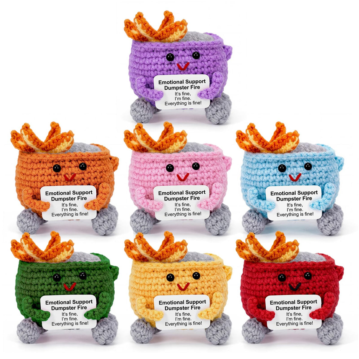 Megele dumpster fire crochet on desk offers playful stress relief