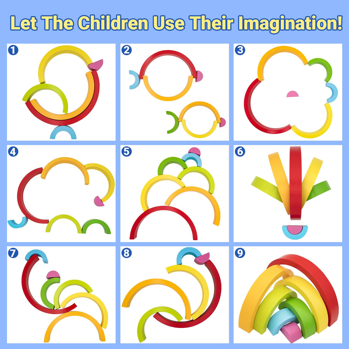 MEGRANATE rainbow nesting blocks aiding fine motor skills during constructive play.