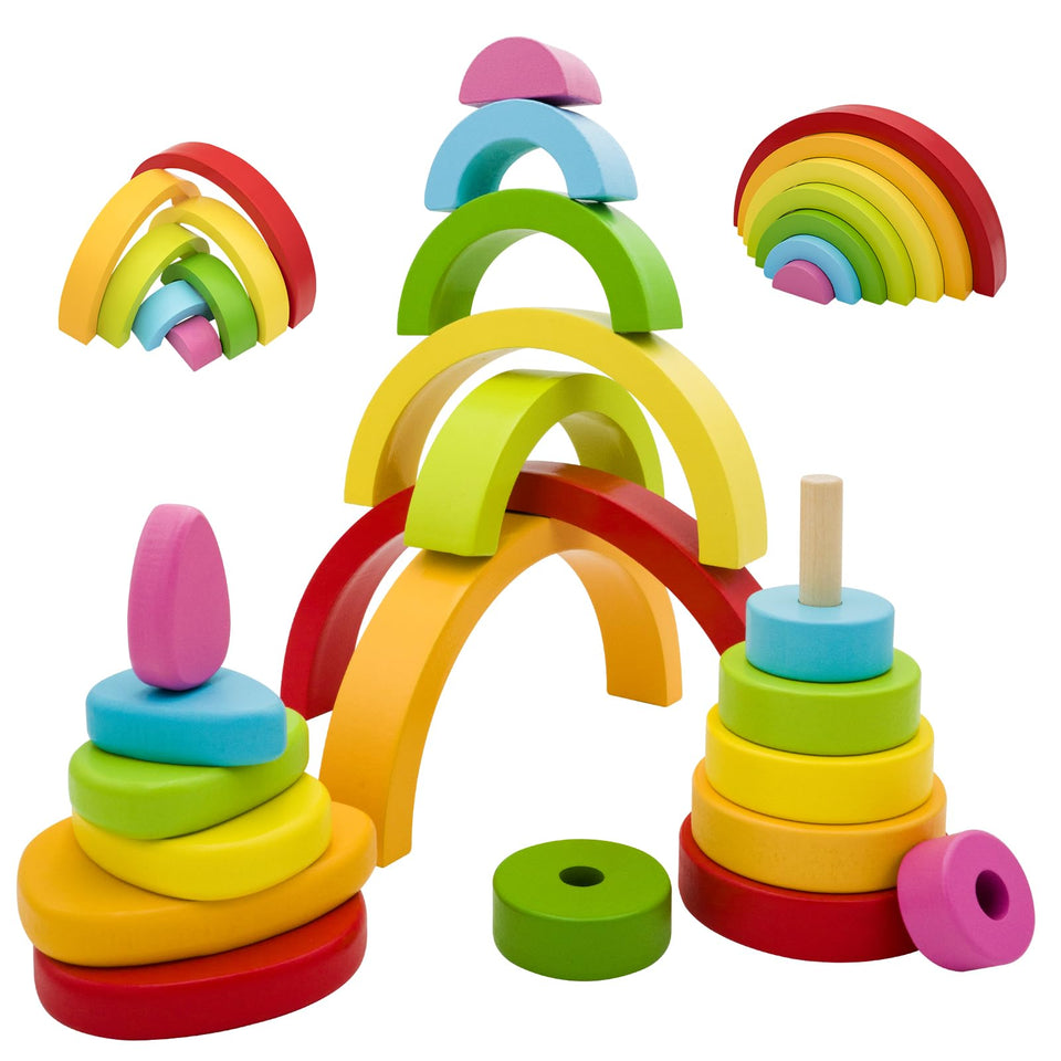 MEGRANATE rainbow stacking blocks for toddlers supporting color recognition through tactile play.