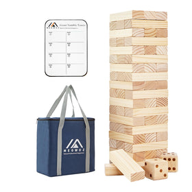 Megwoz giant tumble tower with 57 blocks for family game night indoors.