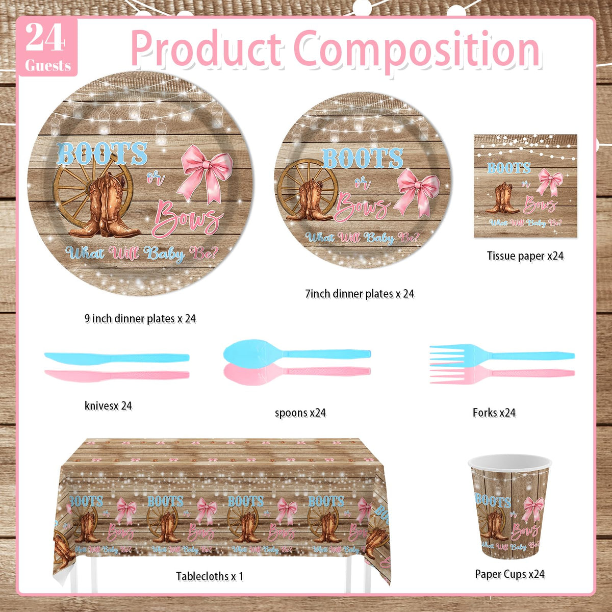 MEHOFOND boots and bows dessert plates for cake moments in pink or blue themes.