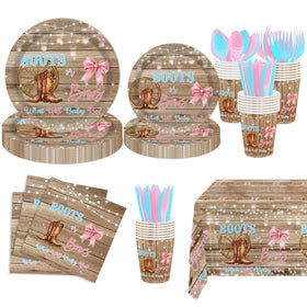 MEHOFOND boots and bows dinner plates show rustic western charm for gender reveal plates.