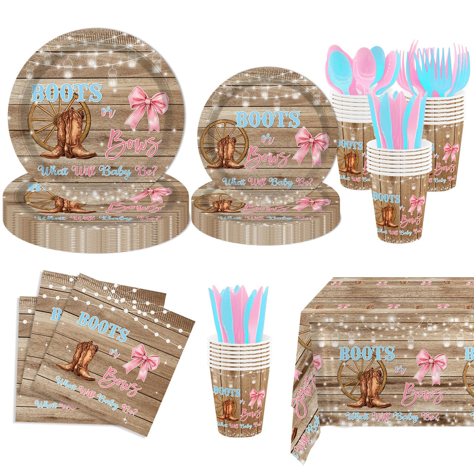 MEHOFOND boots and bows dinner plates show rustic western charm for gender reveal plates.