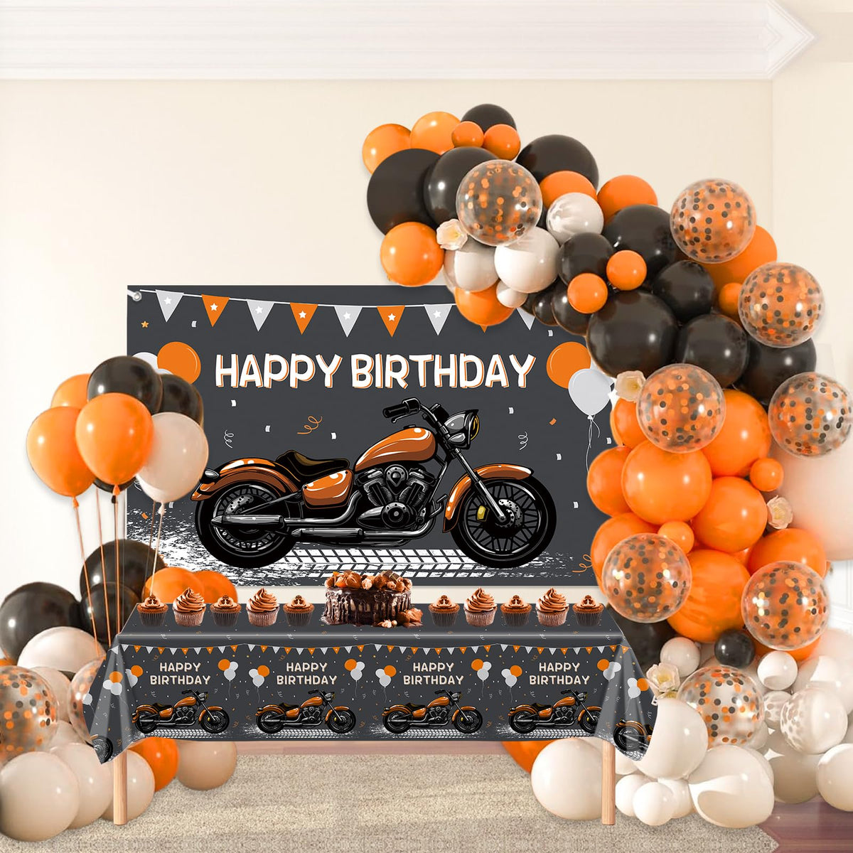 MEHOFOND happy birthday banner creates focal point for motocross themed celebration.