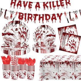 MEHOFOND killer birthday banner over a spooky party table
