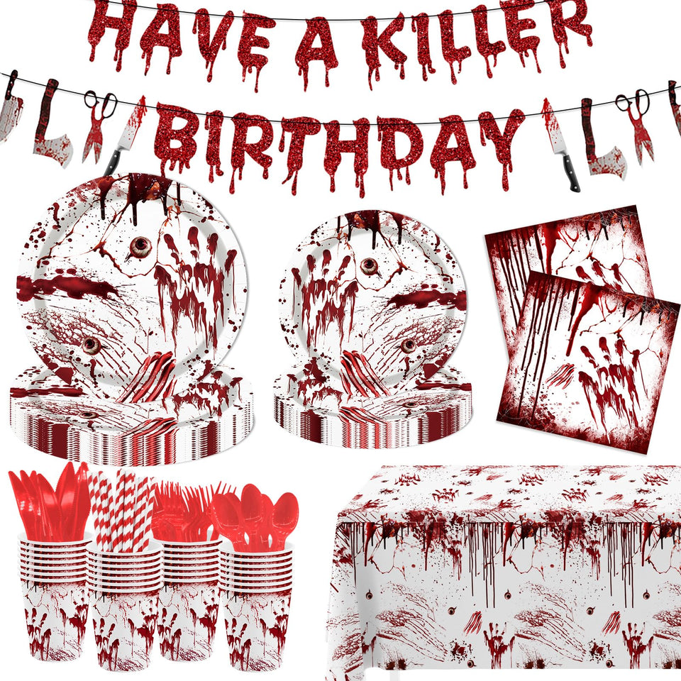 MEHOFOND killer birthday banner over a spooky party table