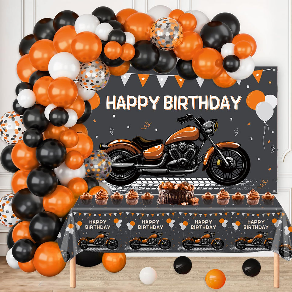 MEHOFOND orange-black motorcycle birthday arch backdrop enhances party photos.