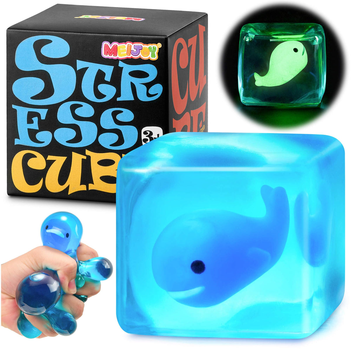 Meijoy glow whale inside stress cube offers calming tactile play.
