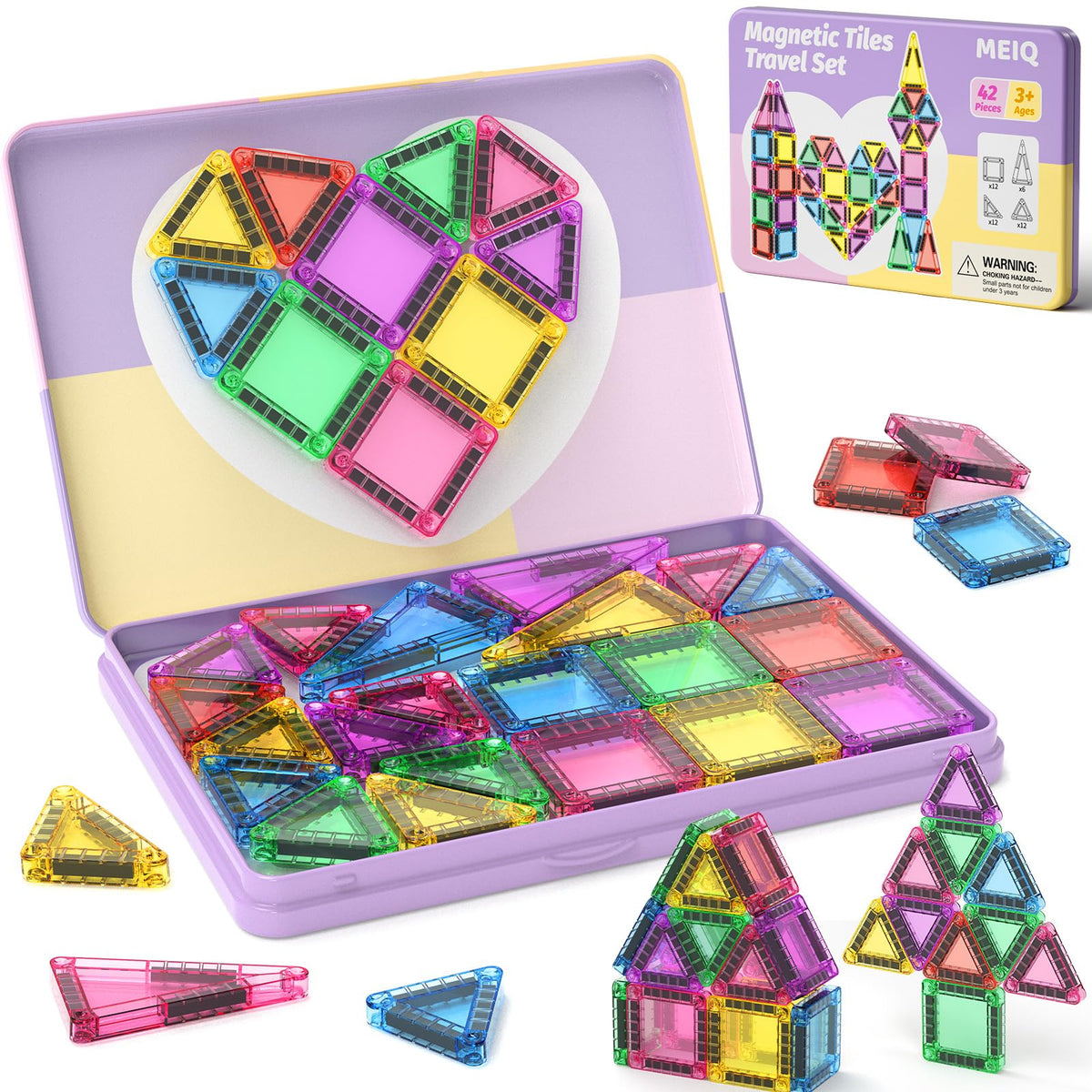MEIQ travel set with 42-piece magnets inside a metal case for organized play on the go