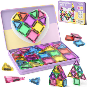 MEIQ travel set with 42-piece magnets inside a metal case for organized play on the go