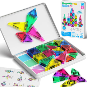 MEIQ 42PCS mini magnetic tiles travel set for imaginative play on the go.