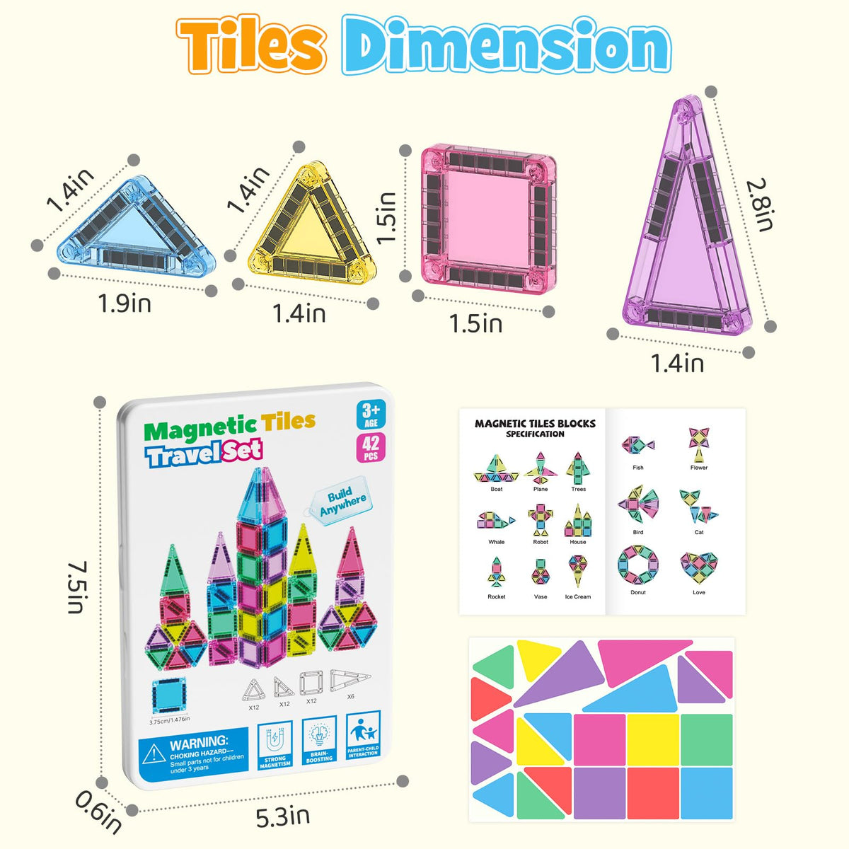 Ages 3-8 MEIQ tiles support fine motor skills and problem solving.