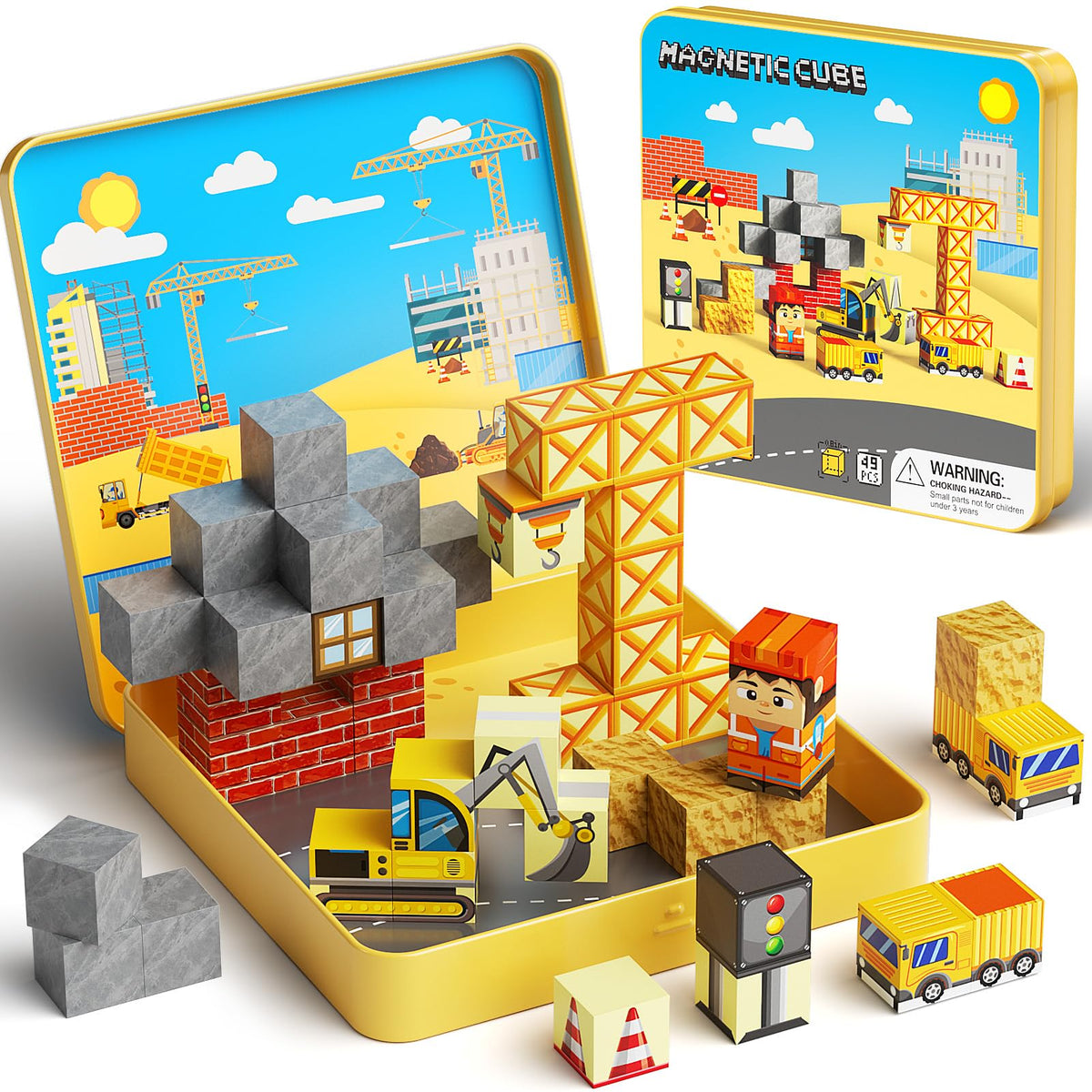 MEIQ mini magnetic building blocks travel box for on-the-go creativity and storage.