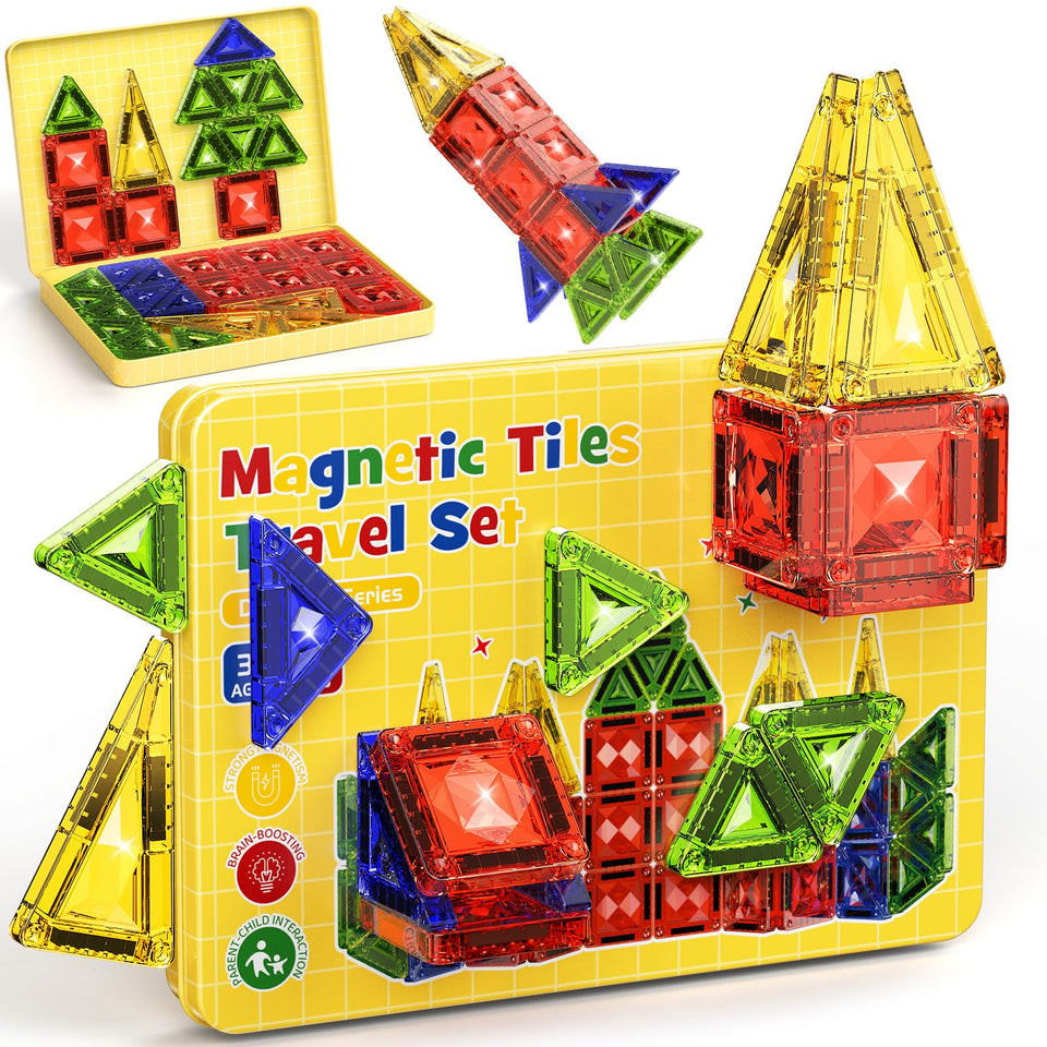 MEIQ mini magnetic tiles travel box showing portable play on the go for car trips.