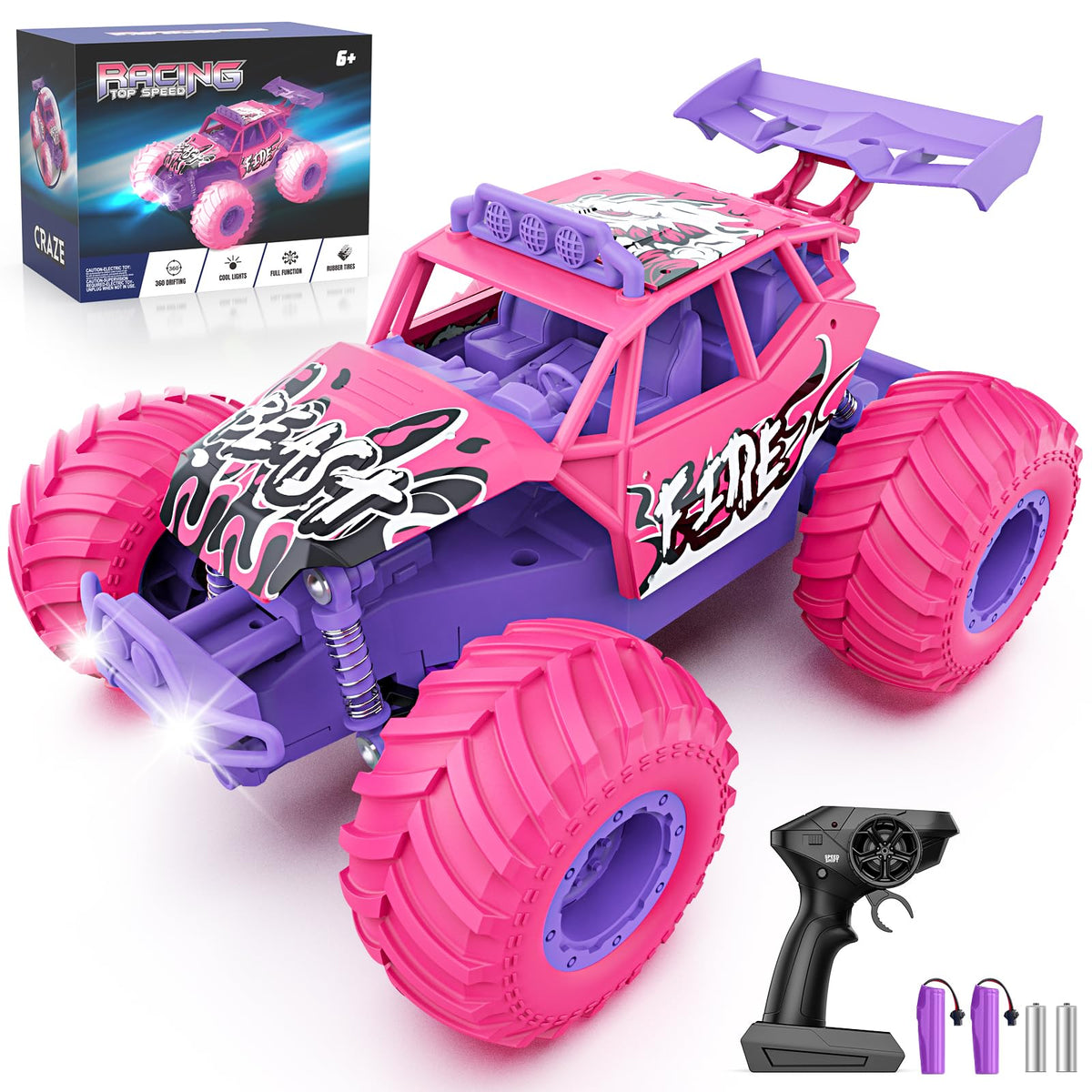 Meislane remote control car pink front view with LED headlights for evening fun