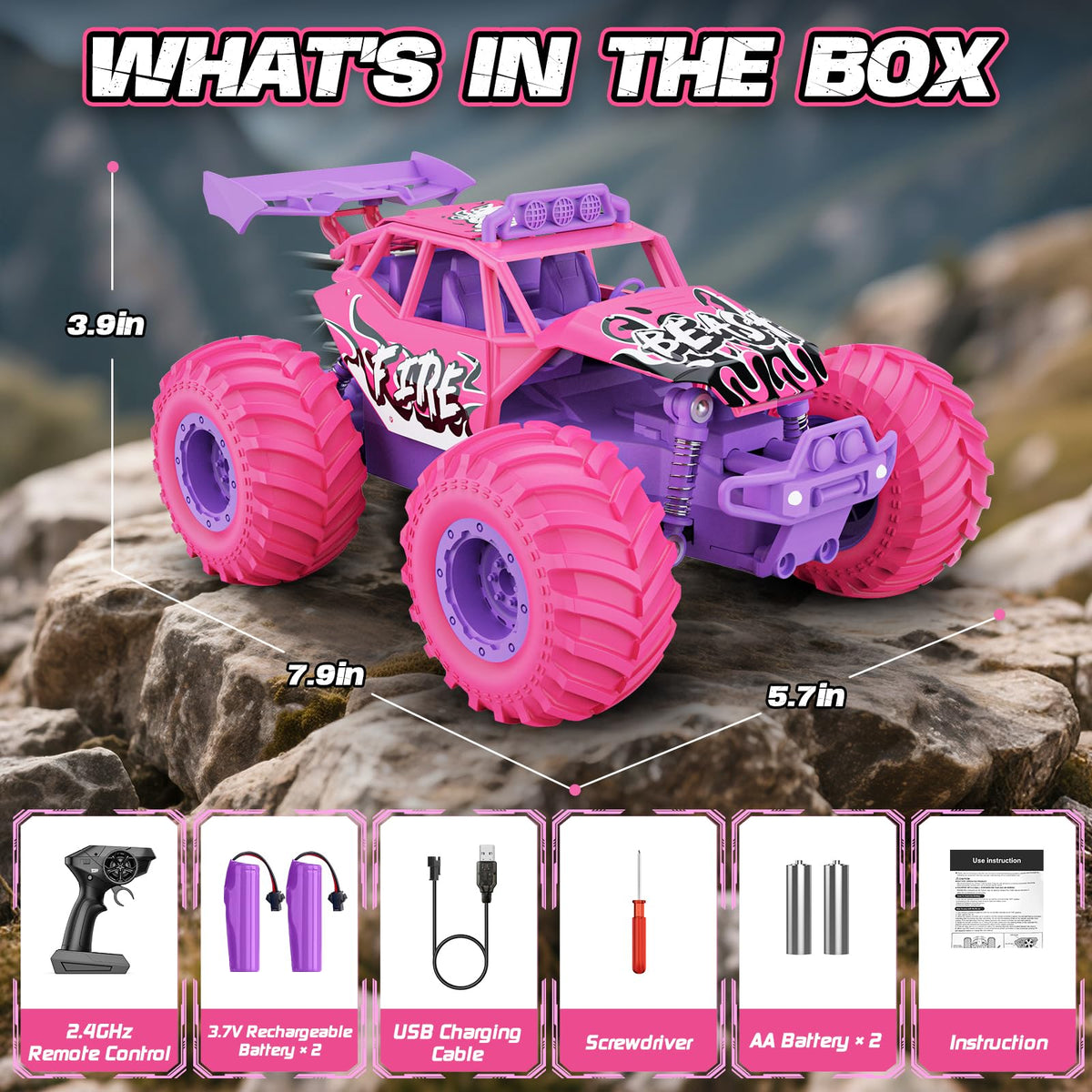 Meislane pink RC truck side view showing all-terrain tires for grass and sand