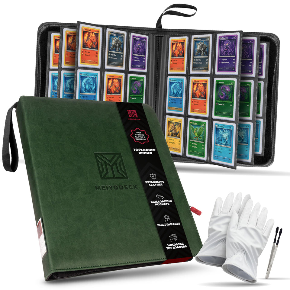 MEIYODECK Toploader Binder shows exact 252-card capacity for organized display.