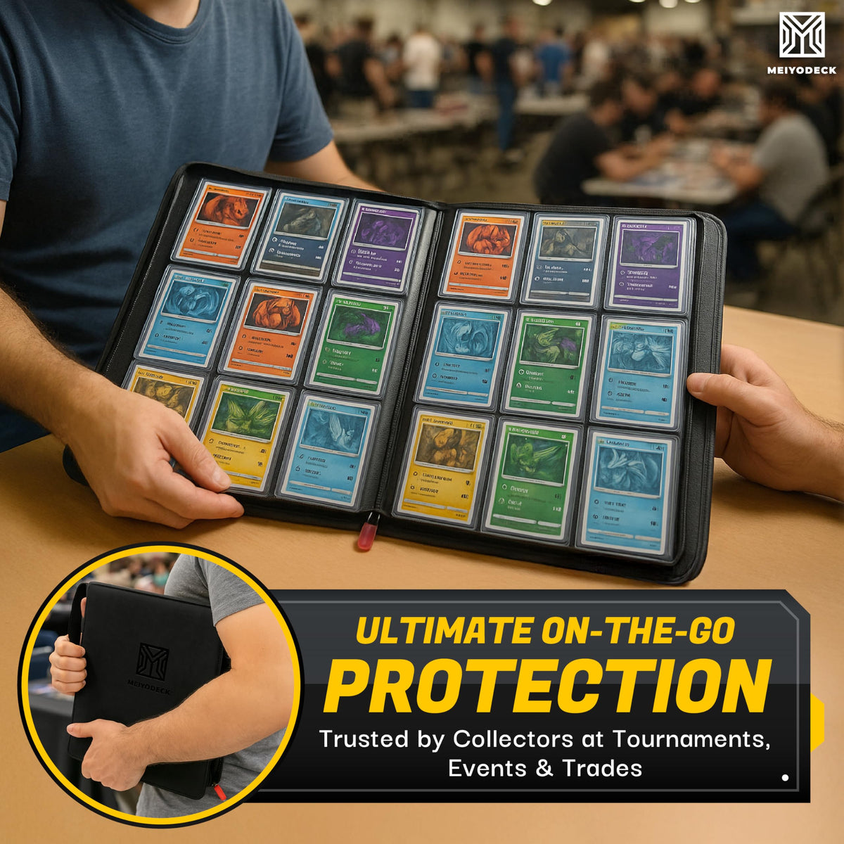 MEIYODECK Toploader Binder features water-resistant cover for travel protection.