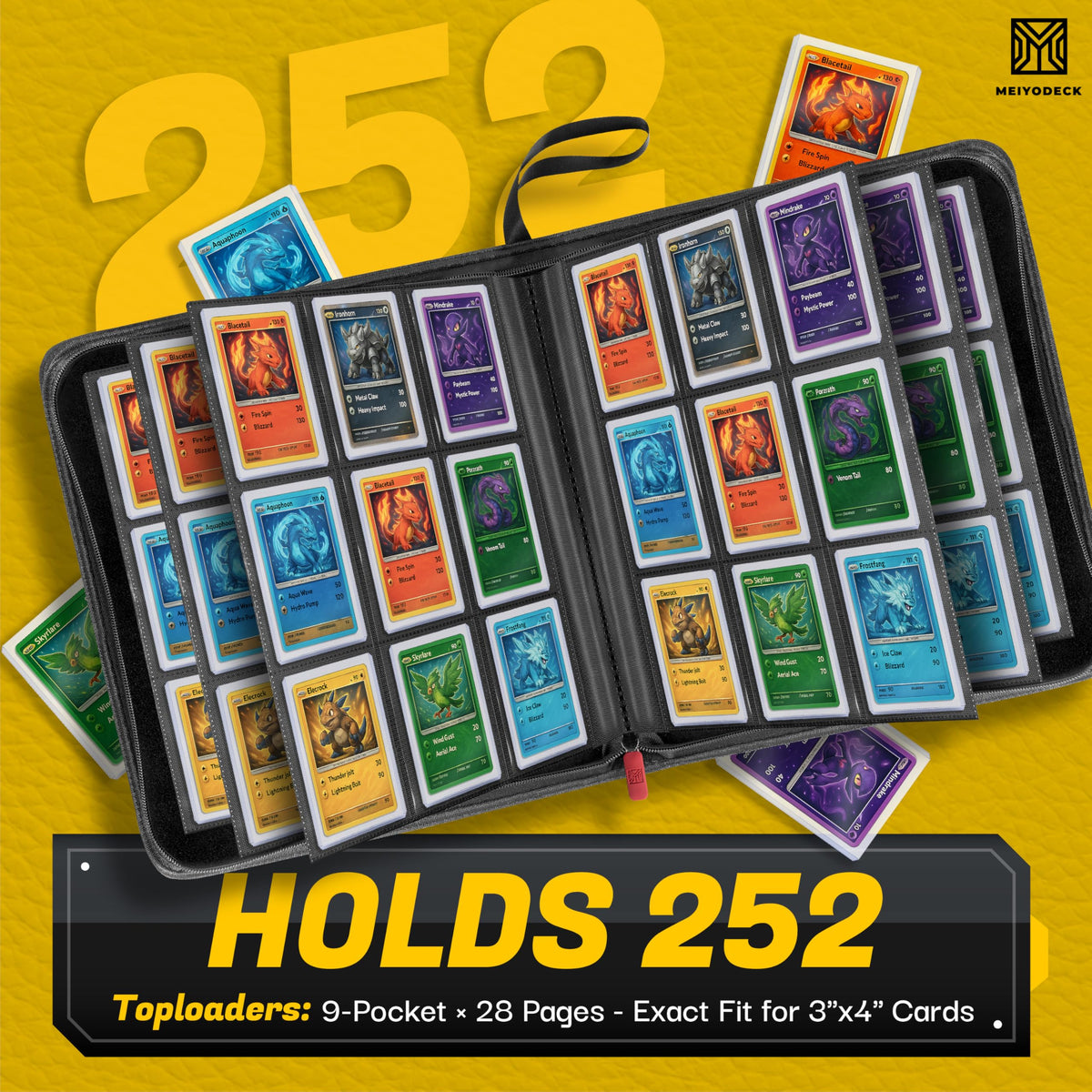 MEIYODECK Toploader Binder open pages showing smooth, bend-free card viewing.