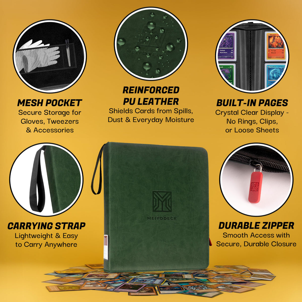 MEIYODECK binder highlights travel-friendly mesh pockets and labeled spine.