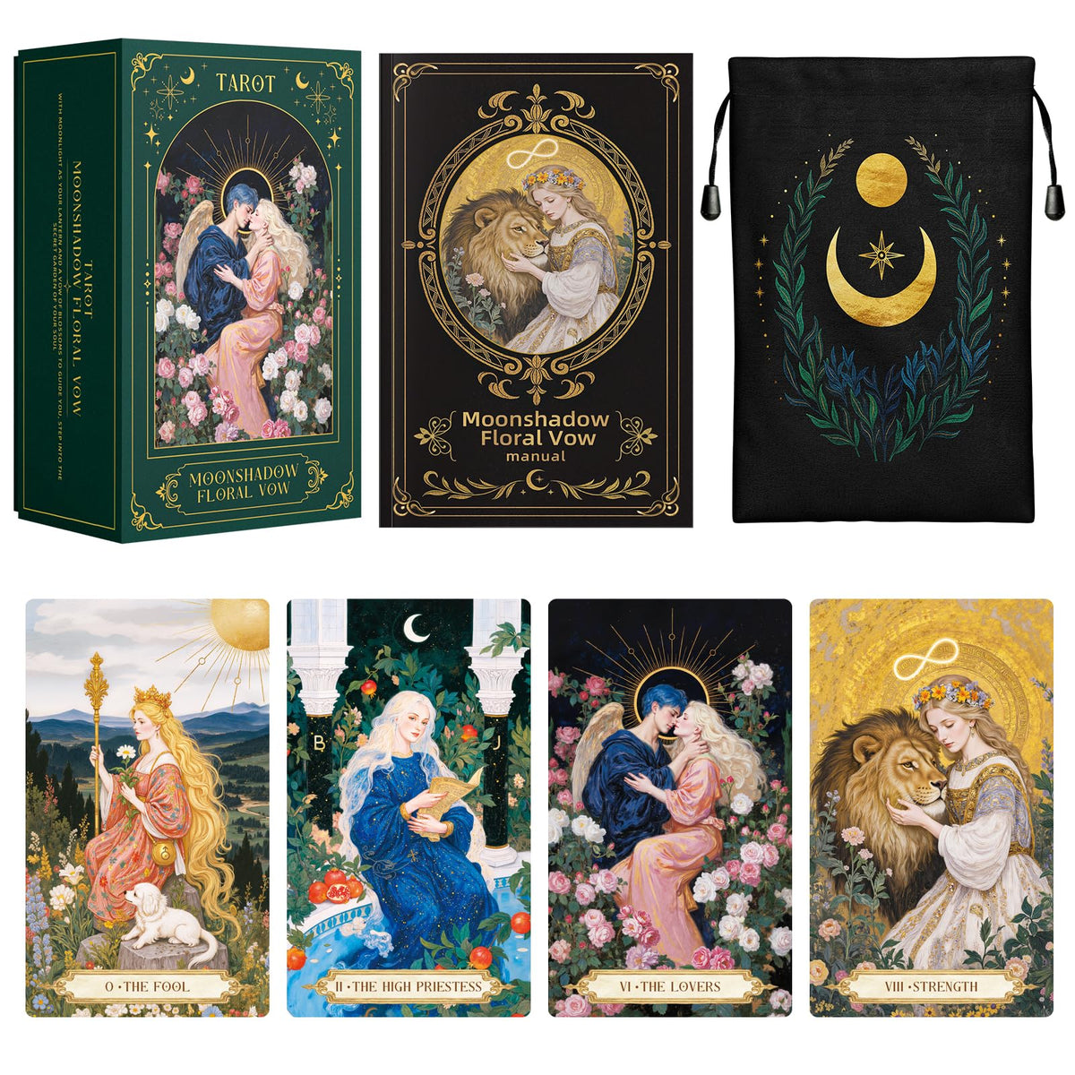 Single card showing gold foil detailing from Moonshadow Floral Vow deck.