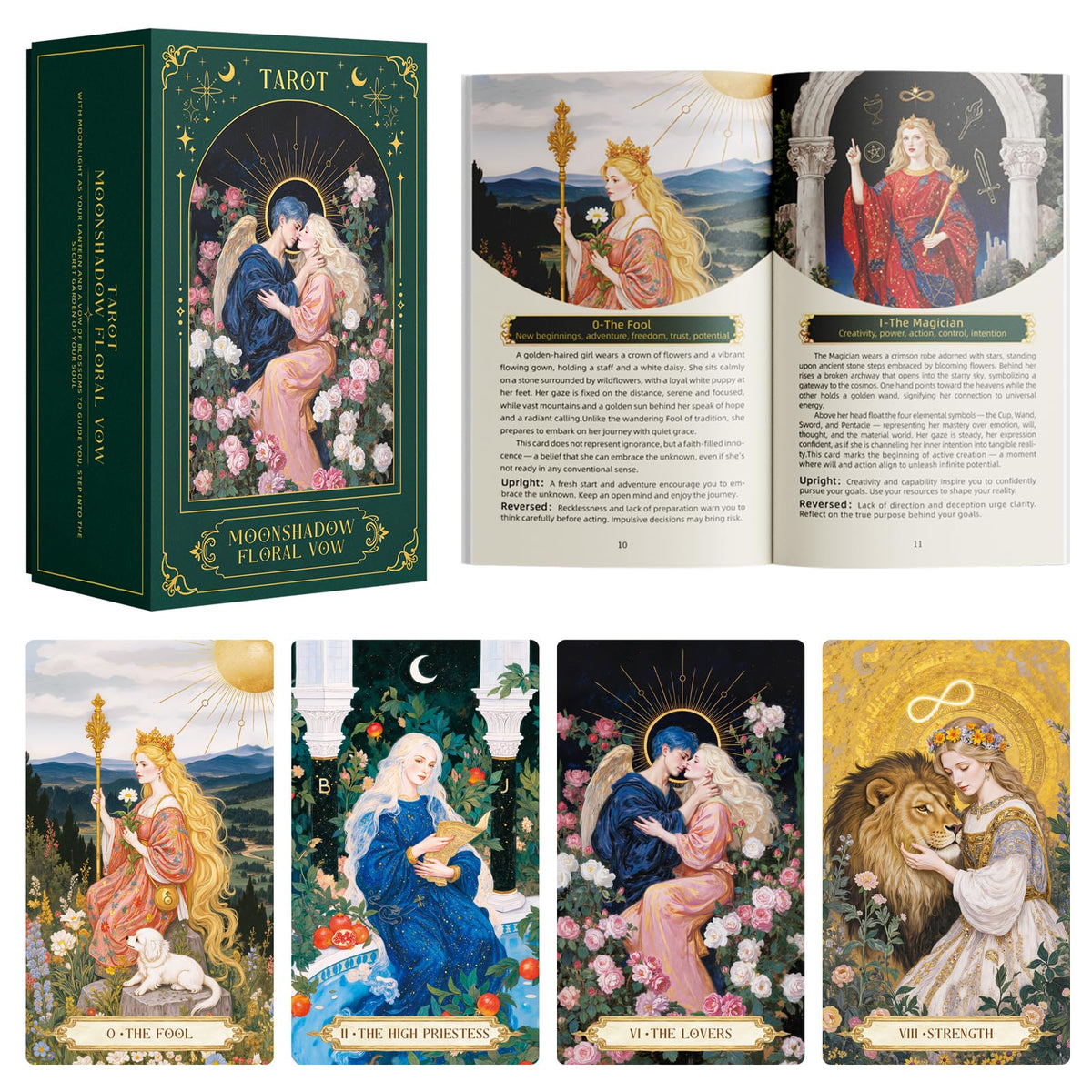 Mekasthos Moonshadow Floral Vow deck front with gold foil detailing for premium appeal.
