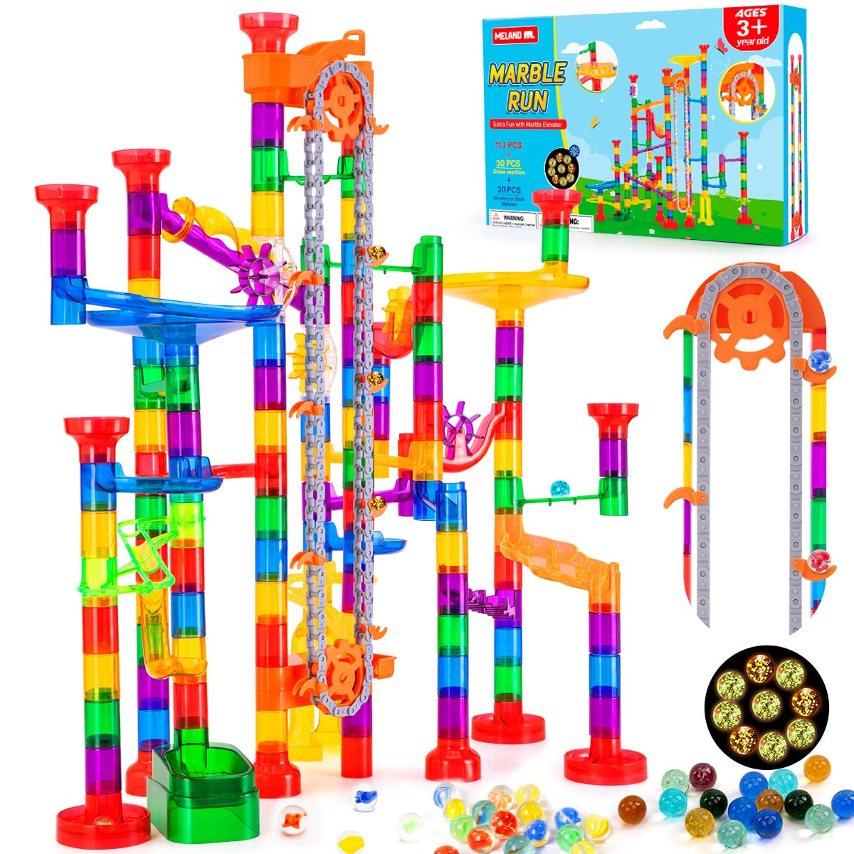 Meland 247Pcs Marble Run with motorized elevator showing engaging STEM play.