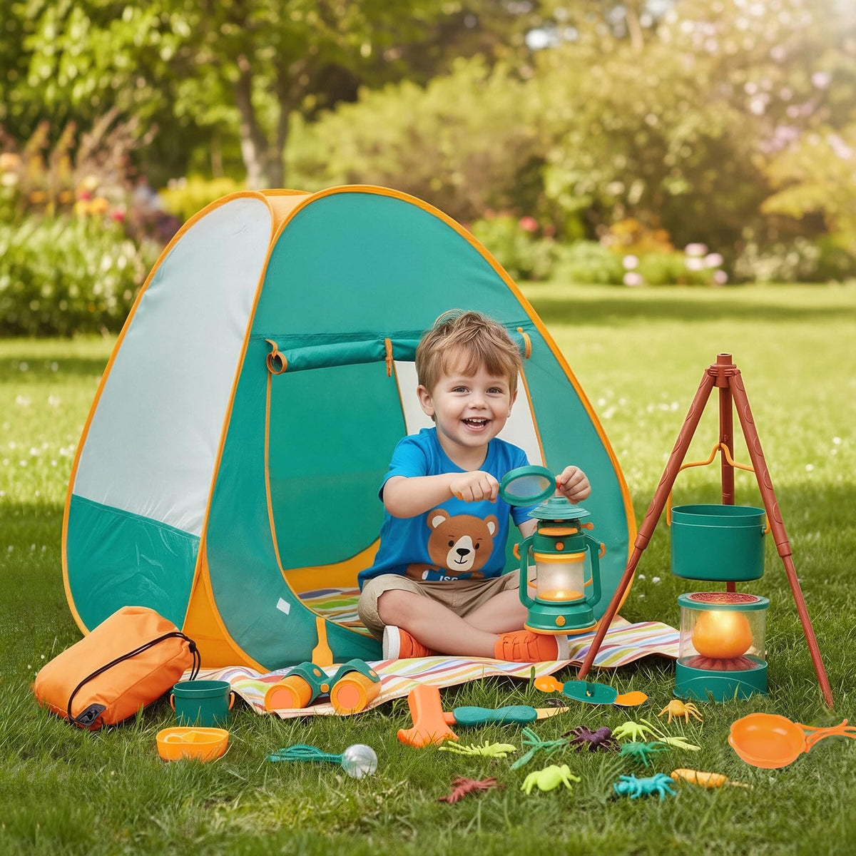 Meland campfire with extendable stand glowing for nighttime pretend camping.