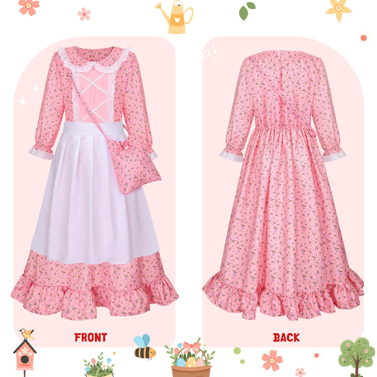 Meland blue colonial floral dress showcasing vintage lace collar detail.