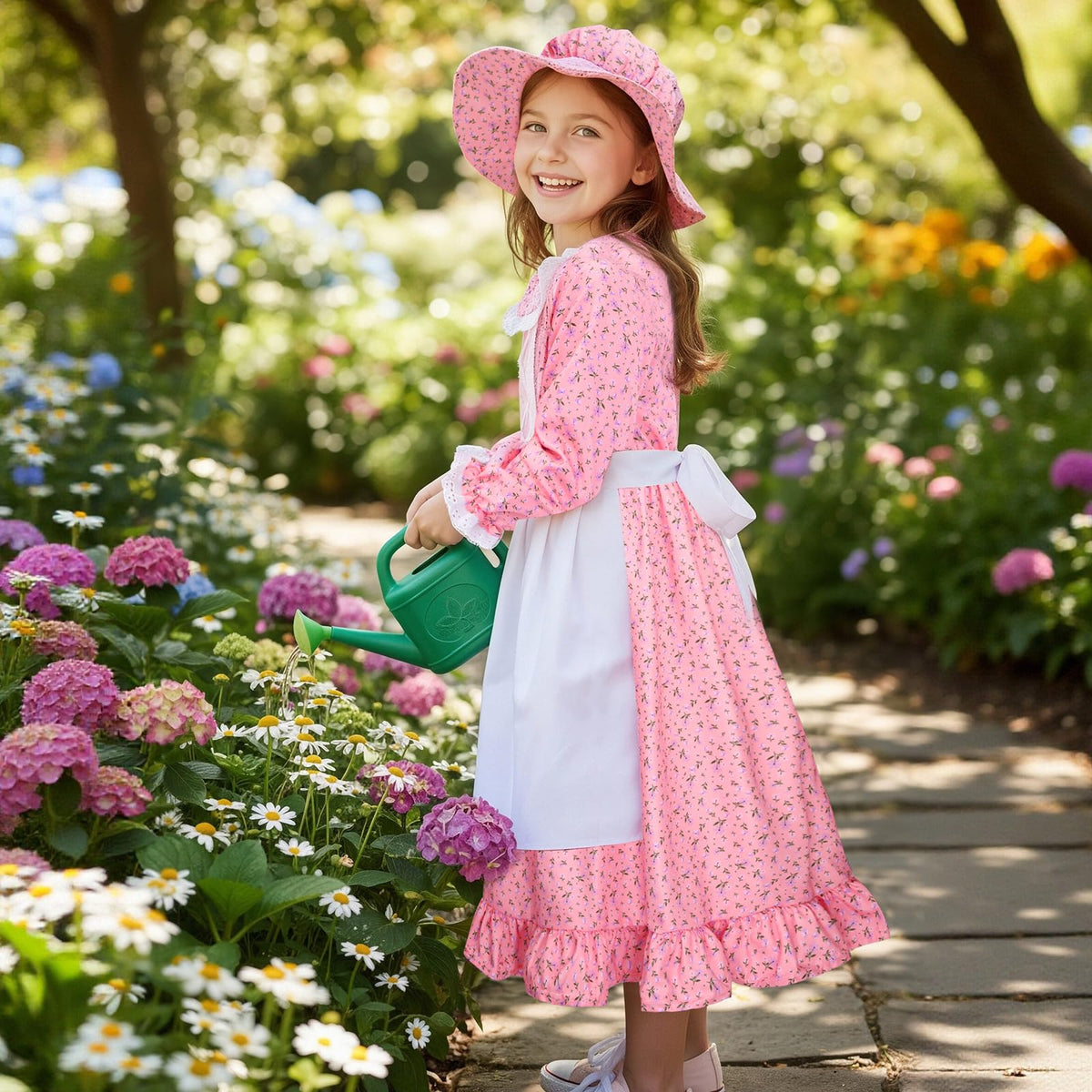 Meland brown colonial floral dress with long sleeves and full skirt for active days.