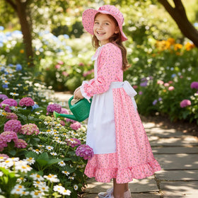 Meland brown colonial floral dress with long sleeves and full skirt for active days.