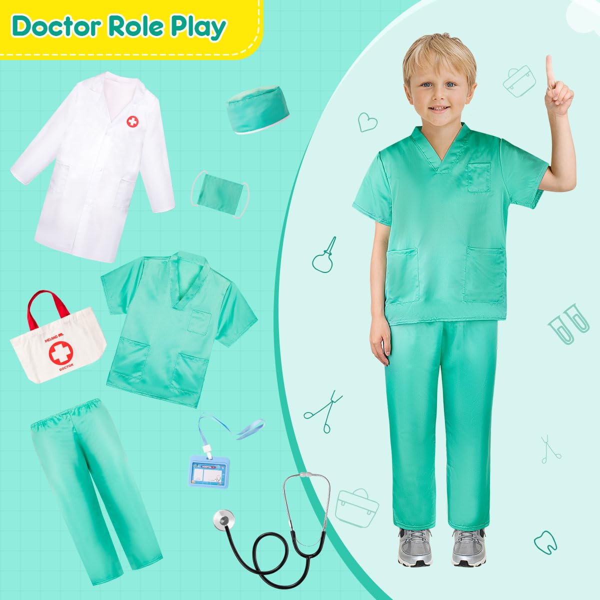 Meland doctor costume set ideal for Halloween and career day activities.
