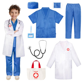 Meland doctor costume for kids in blue coat and scrubs, comfortable playwear.