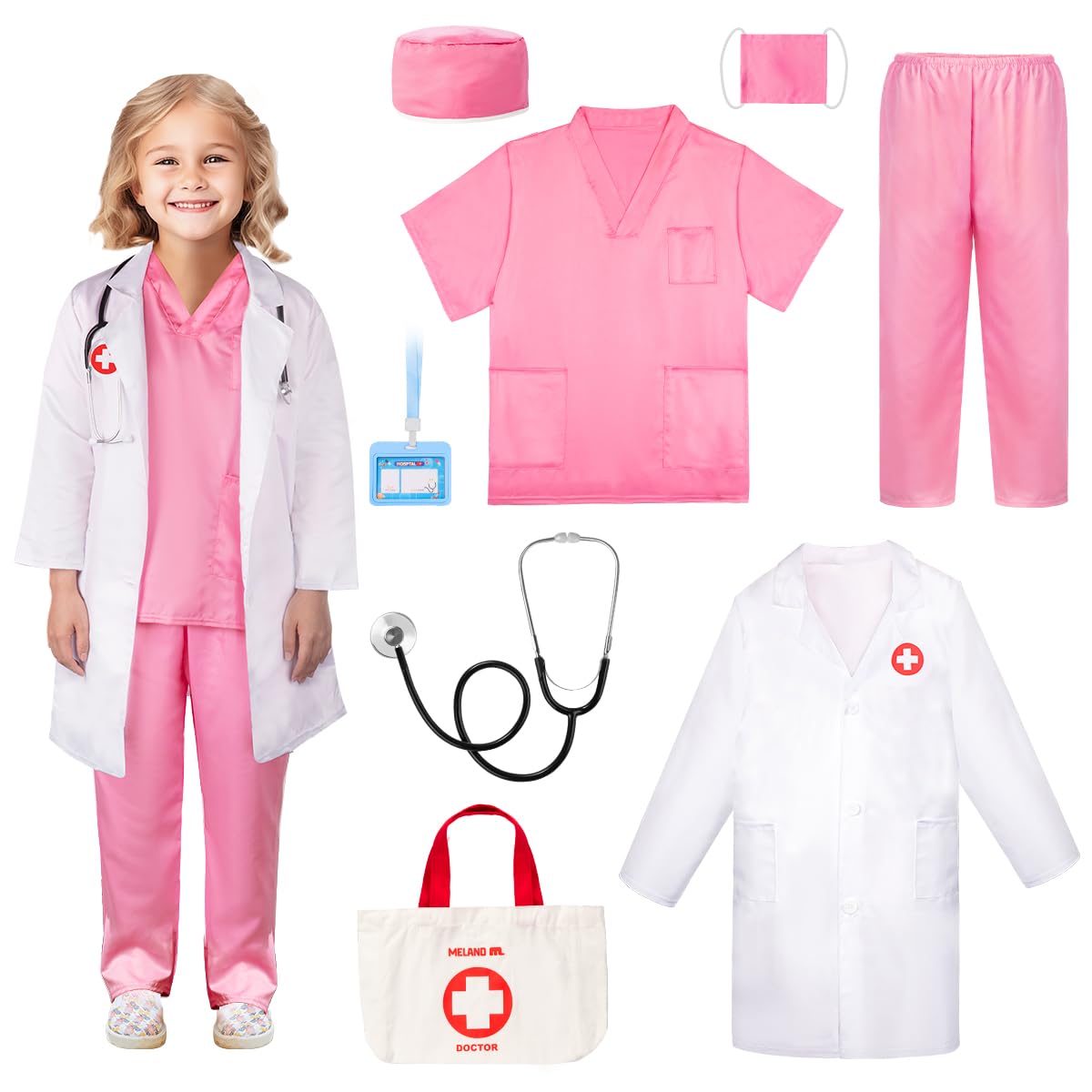 Meland doctor costume pink lab coat for imaginative play and parties.