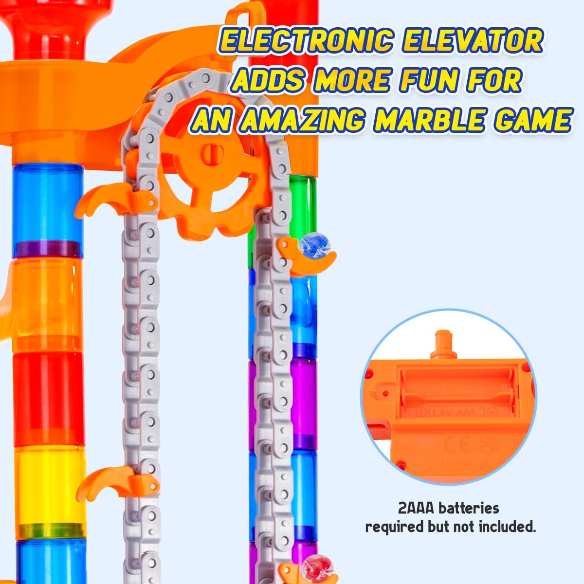 Meland glow-in-the-dark marbles illuminate the track for nighttime play.